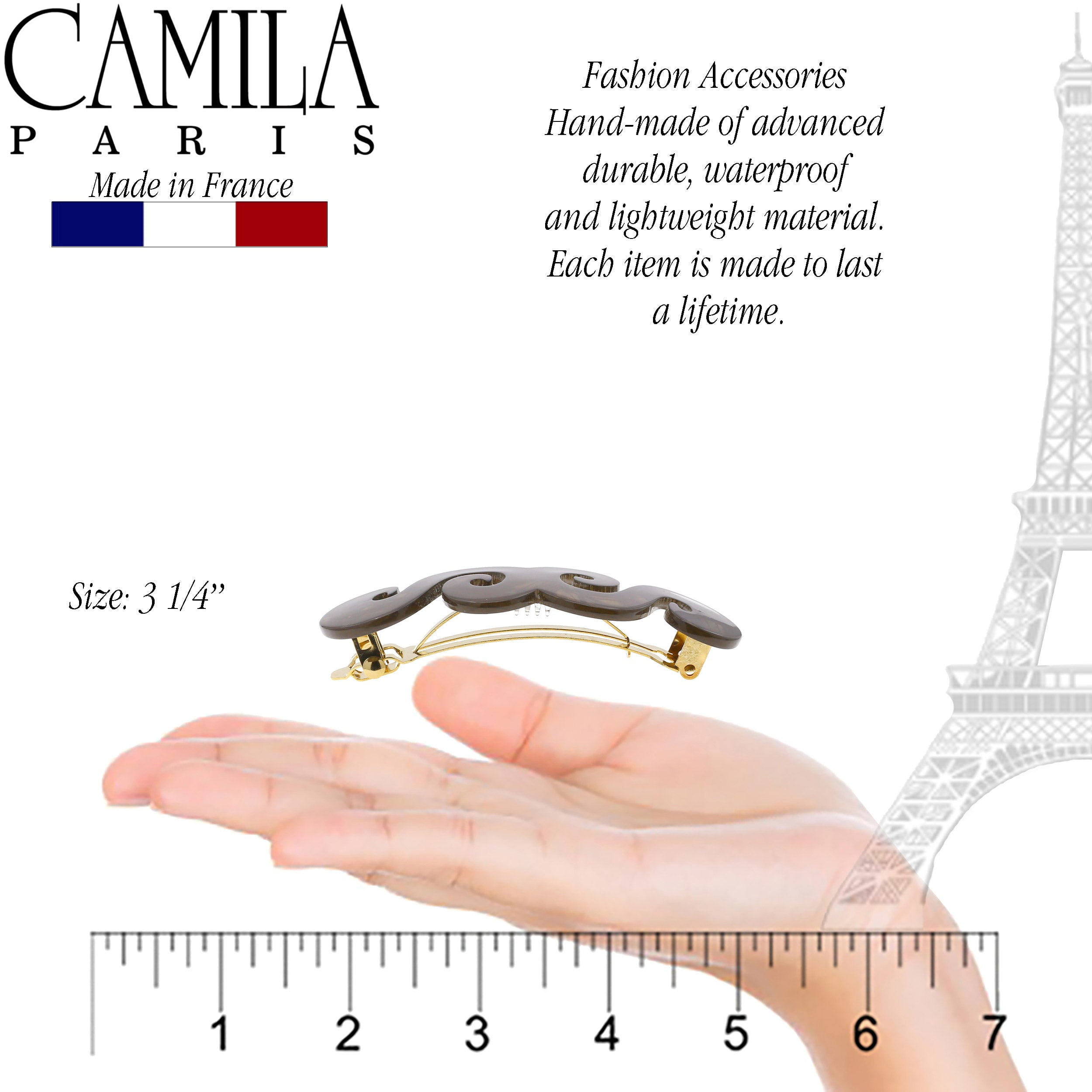 Camila Paris CP3170 French Hair Barrette Clip for Girls, Handmade, Brown, Gold Metal Clasp Strong Hold Grip Hair Clips for Women, No Slip and Durable Styling Girls Hair Accessories, Made in France