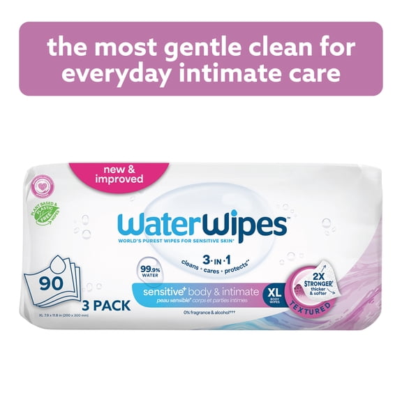 WaterWipes Sensitive Body & Intimate Wipes, 99.9% Water, Unscented & Hypoallergenic Hygiene Wet Wipes, Adult Care, 90 Wipes