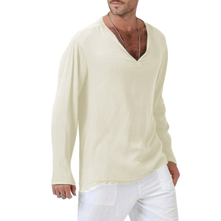 Men Long Sleeve T-Shirts Solid Color V-Neck Ethnic Style Tops