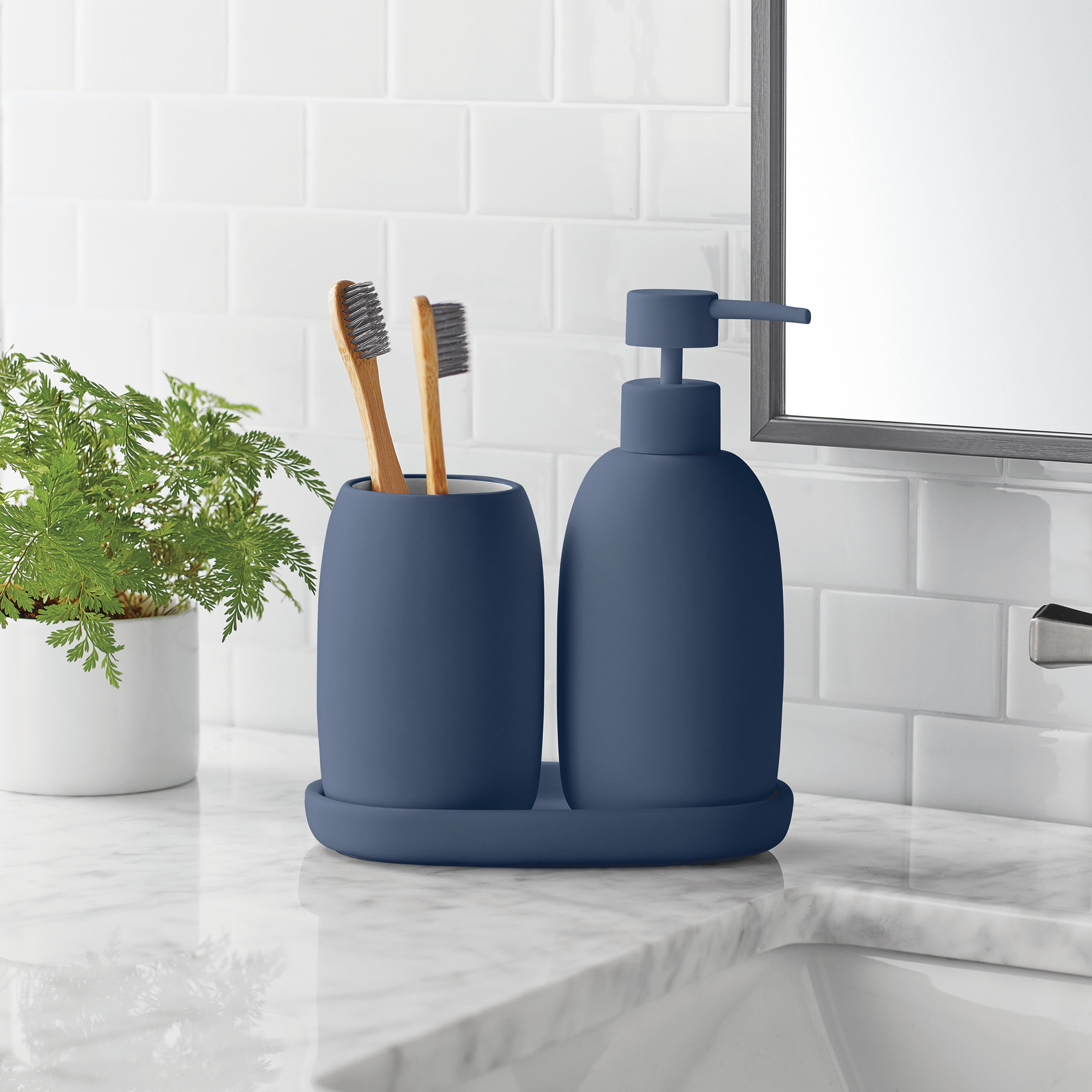 Mainstays Complete Bathroom Essentials Set – Cotton Towels, Bath Rug & 3-Piece Bath Accessories, Navy
