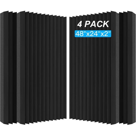 4 Pack Acoustic Foam Panels, 48 x 24 x 2" Sound Proof Foam High Density Studio Wedge Tiles Fire Resistant Acoustic Panels for Home Office, Recording Room, Studio (Black, 4 Pack)