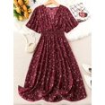 thumbnail image 7 of Purple Floral Print Wrap Dress With Shirred Waist, V-Neck, And Ruffled Short Sleeves, 7 of 7