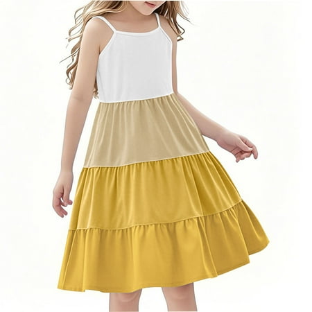 DxhmoneyHX Summer Dresses for Girls Spaghetti Strap Ruffle Flowy Layered Color Block Dress Casual A Line Comfy Beach Sleeveless Swing Dress