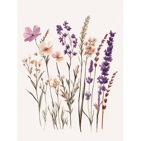 Lavender Wildflower Botanical Wall Art Canvas Print， Suitable for Living Room， Bedroom， Bathroom， Office， and Kitchen Decoration.