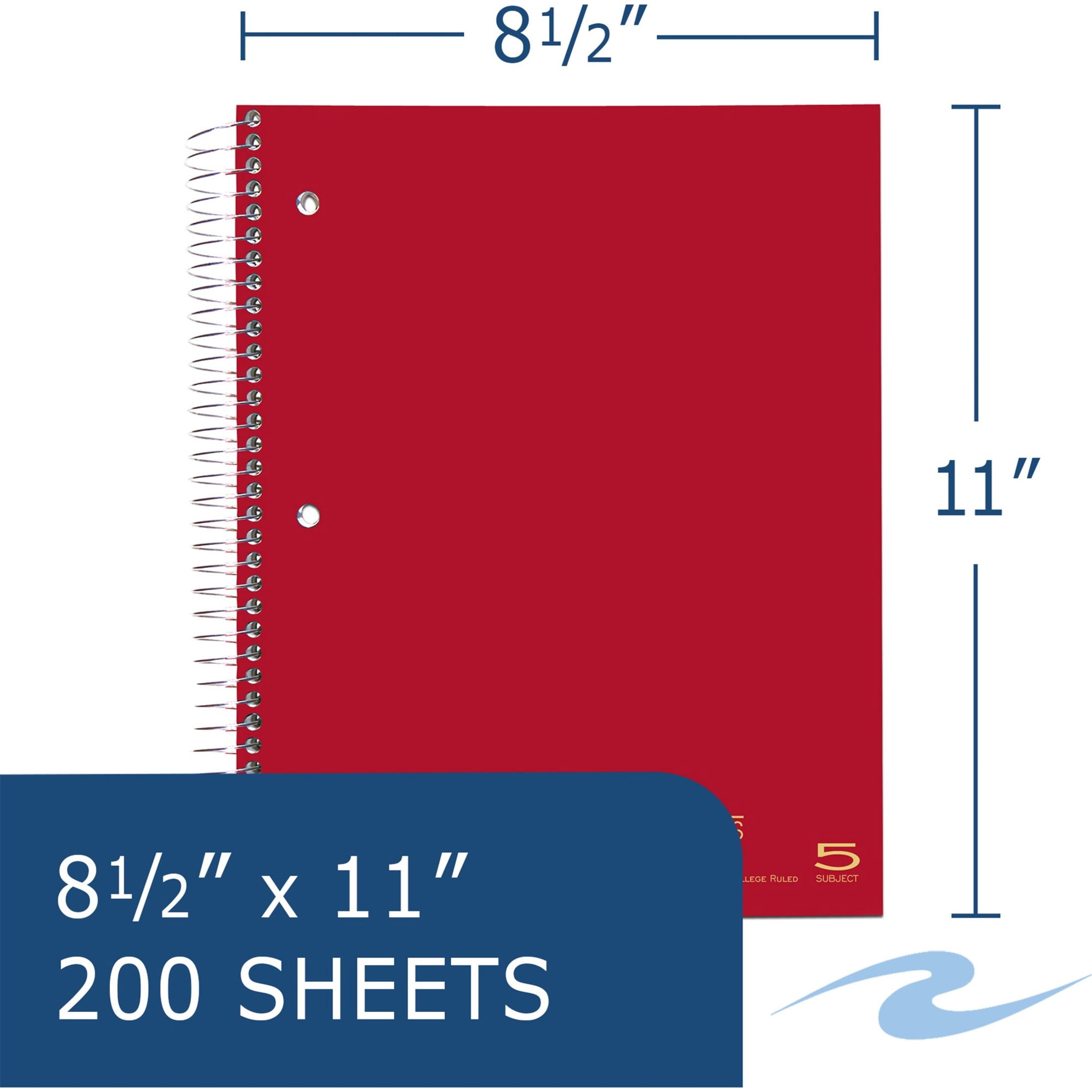 Roaring Spring Premium College Ruled Five Subject Spiral Notebook, 3 Hole Punched, 1 Case (12 Total), 11" x 8.5" 200 Sheets, Assorted Saranac Colors