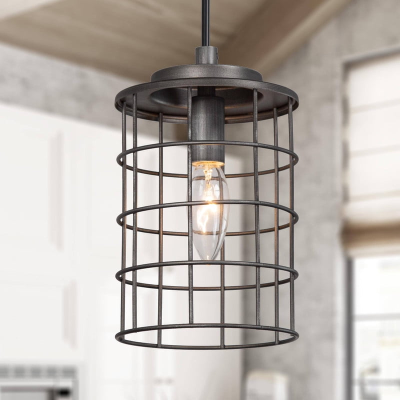 LNC Prosody Industrial Cage Pendant Light in Brushed Silver Adjustable Hanging Fixture
