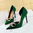 thumbnail image 4 of Zapatos de tacón alto para mujer, para banquetes, con boca poco profunda, puntiagudos, de gamuza gruesa, huecos laterales, para bodas, con hebilla de agua y diamantes de perla, 4 of 5