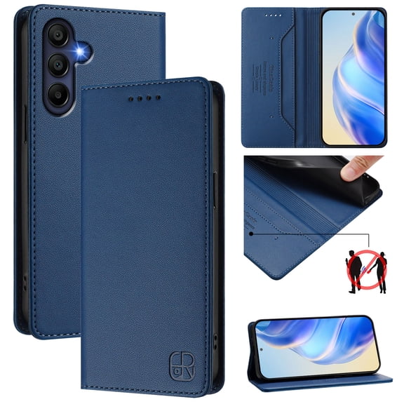 Wallet Case for Samsung Galaxy A17 5G with Card Holder, Business Premium PU Leather Flip RFID Blocking Wallet Case with Wrist Strap Kickstand Protective Cover for Samsung Galaxy A17 5G, Darkblue