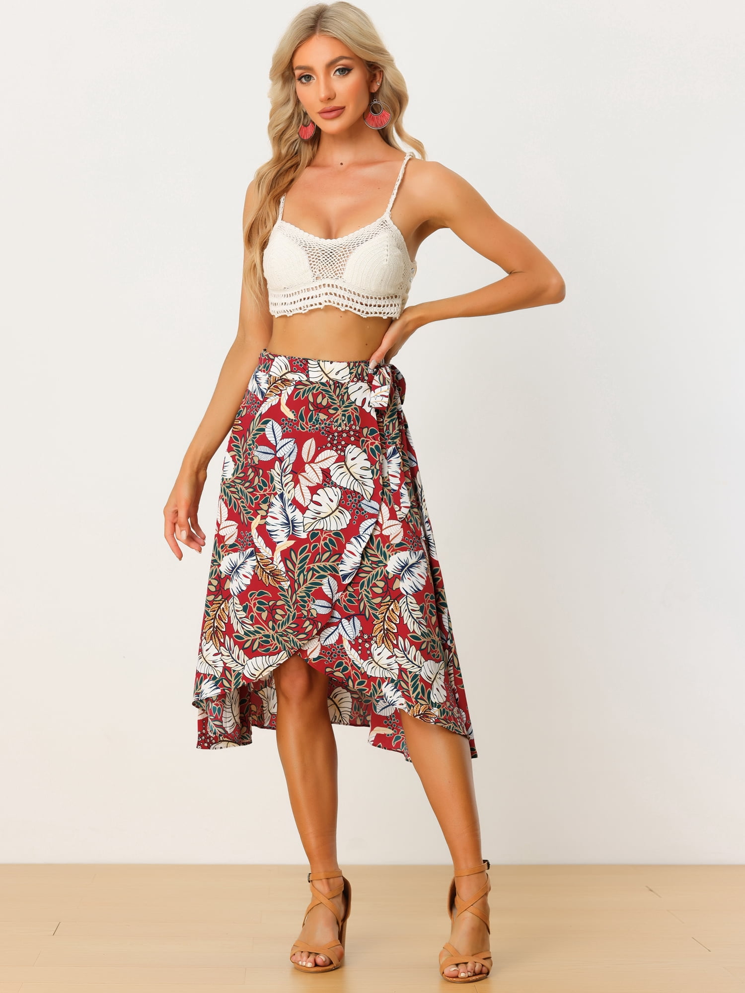 DARING DIVA Women's Floral Tropical Boho Midi Wrap Skirt L Red