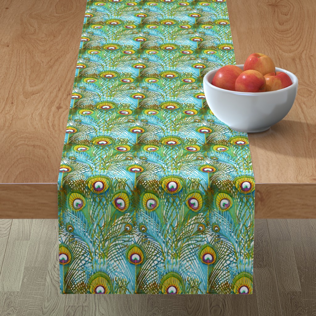 Table Runner Peacock Feathers Teal Bird Peafowl Gold Sky Cotton Sateen