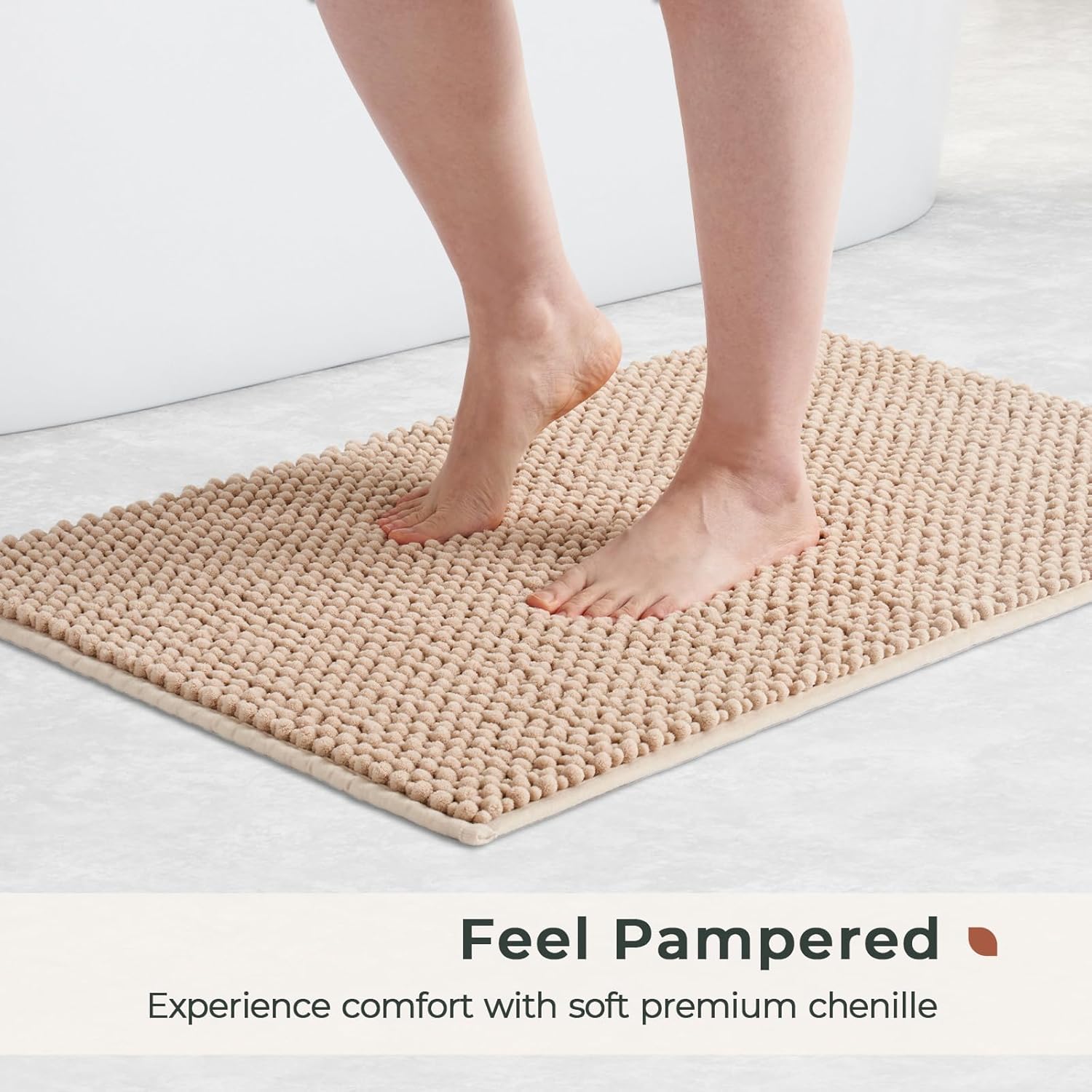 FRESHMINT Chenille Bathroom Rugs Set - 2 Piece 17''x24''+20''x32'', Non-Slip Absorbent Bath Mats, Washable Set of 2 Shower Floor Mats, Beige