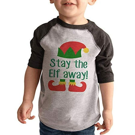 

7 ate 9 Apparel Kid s Funny Stay The Elf Away Quarantine Christmas Grey Raglan Tee 4T