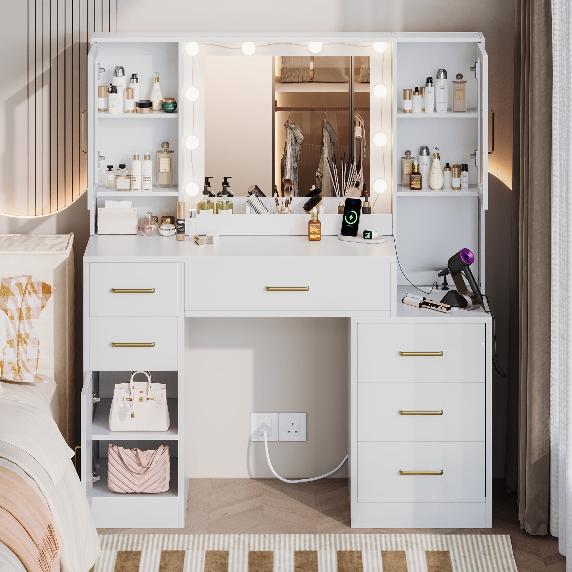 UGTOO 51.2" Modern Vanity Dresser White with 6 Drawers, 3 Cabinets, LED Mirror, Power Hub - Walmart.com UGTOO 51.2" Modern Vanity Dresser White with 6 Drawers, 3 Cabinets, LED Mirror, Power Hub - Walmart.com