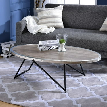 Gzxs Industrial Coffee Table w/ Metal Decor Trim, Oval Wooden Center Table with Metal Legs for Living Room Small Space, 23"D x 46"W x 15"H, Weathered Gray Oak