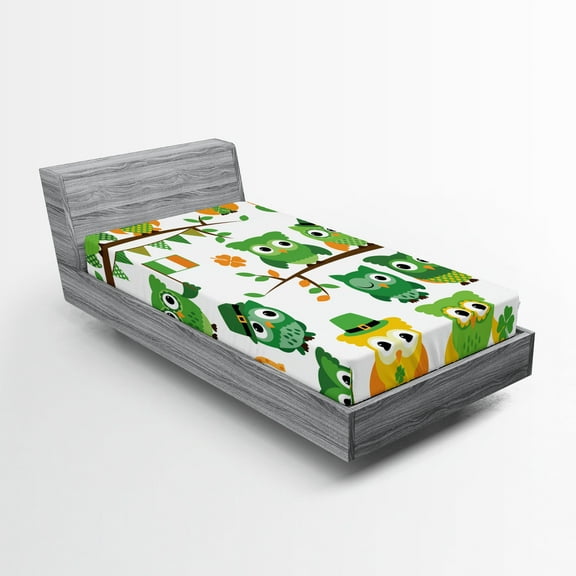 Ambesonne St. Patrick's Day Fitted Sheet, Ir˝sh Owls, Twin XL Size, Green and White