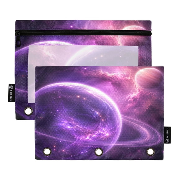 2 Pack 3 Ring Binder Pouch with Clear PVC Window Water Resistant Zipper Pencil Pouch Nebula Ringed Planet Print Binder Pocket for Classroom Office Home Stationery Organization
