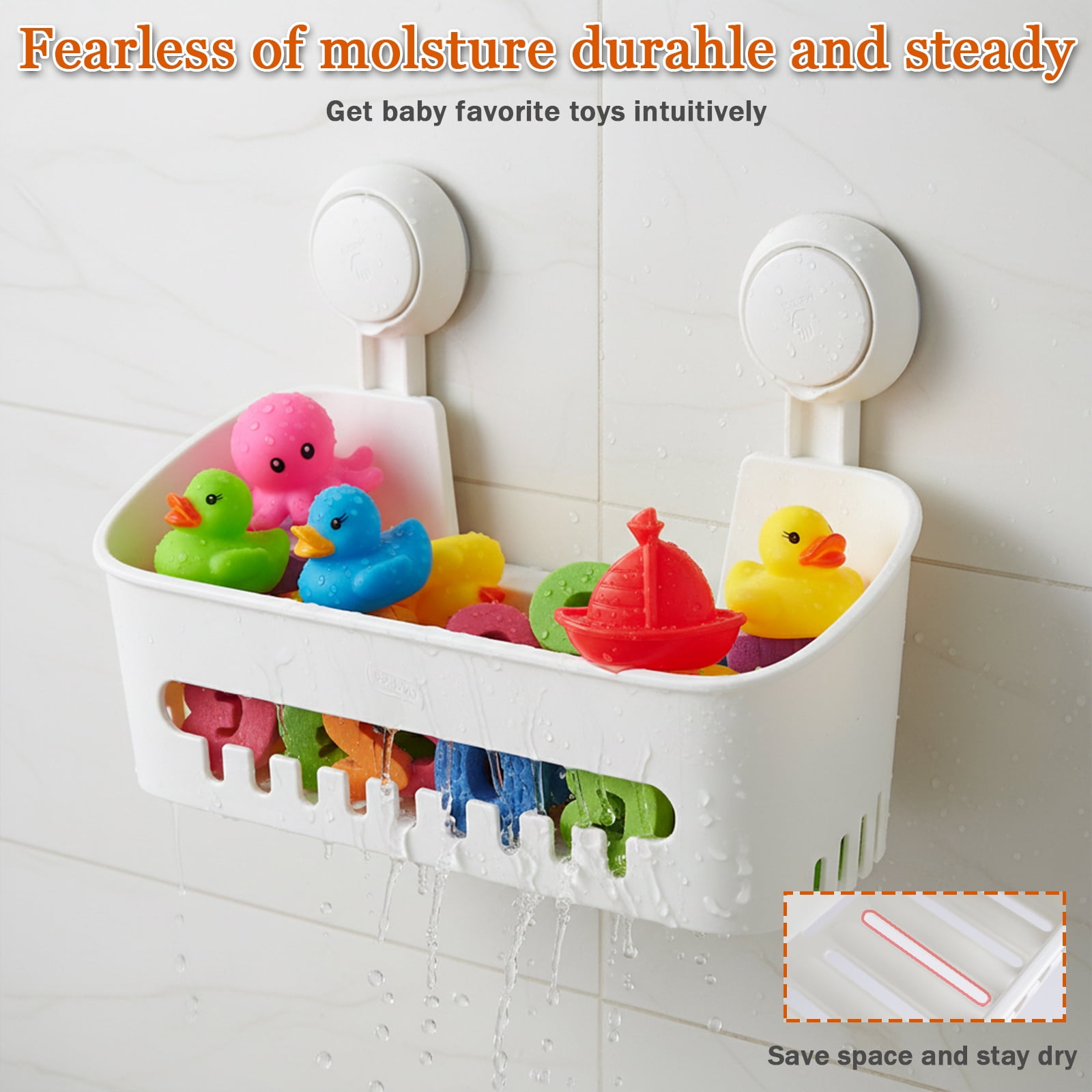 Pethiy Bath Toy Organizer with Strong Suction Cups, Quick Drainage Bath Toy Storage Basket with Hooks for Kids’ Bathroom (White)