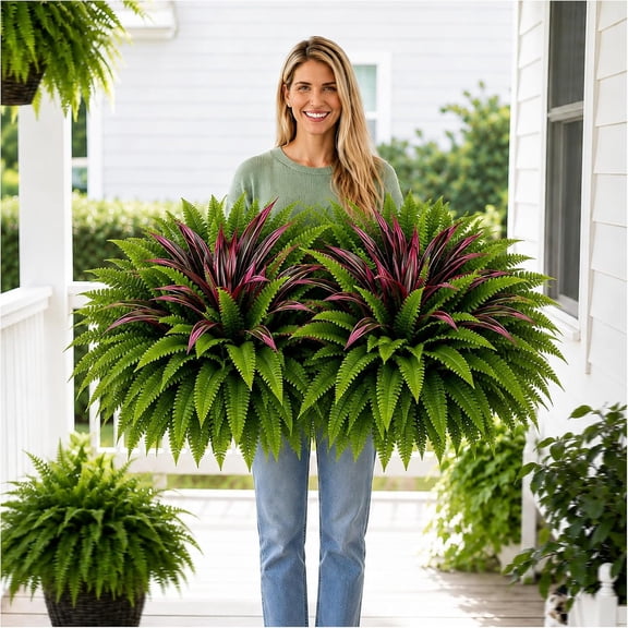 UV Resistant Artificial Fern & Red Dracaena Decorative Plants Large Faux Boston Ferns for Outdoor Planter Realistic Greenery for Hanging Baskets Front Porch Patio Garden Indoor Home Decor