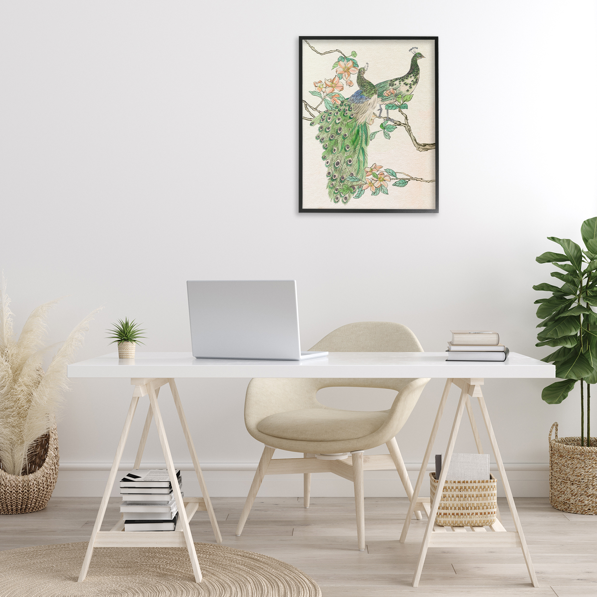 Stupell Industries Peacock Pair on Branch Animals & Insects Painting Black Framed Art Print Wall Art, 24 x 30
