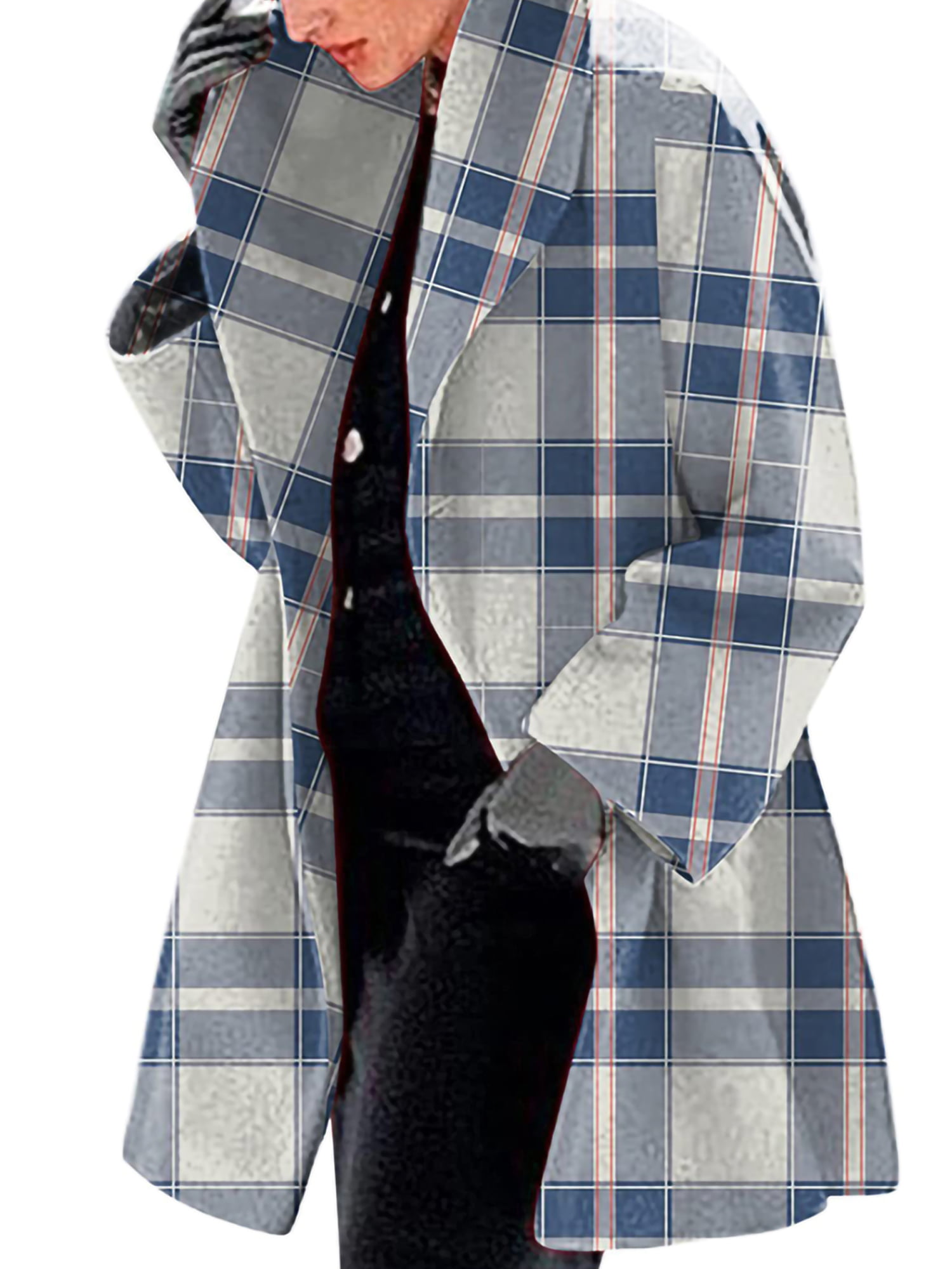 Tanming Mens Casual Slim Fit Notched Lapel Collar Plaid Mid Long Jackets Trench Coats
