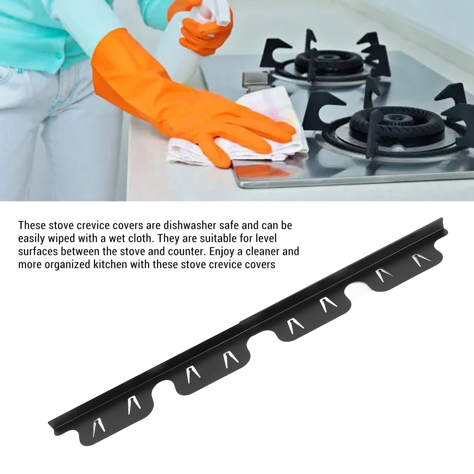 YAHHU 4-Piece Adjustable Stainless Steel Stove Crevice Cover Set, Black Filler Guard for Kitchen Counter Gap, Expands 13.8 to 27.6 Inches, Easy Clean Universal Fit Range Side Strips