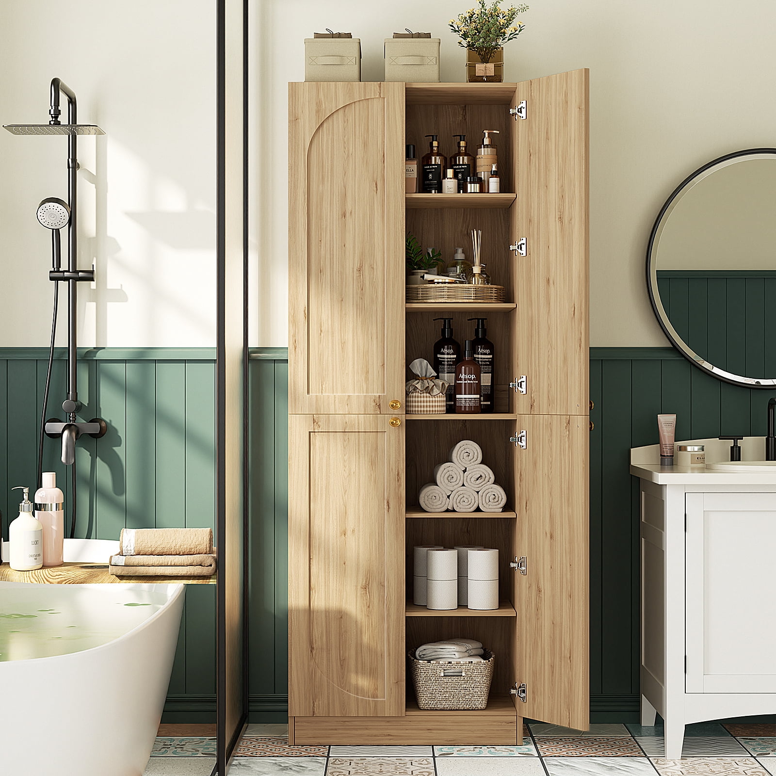 Homieasy 80" Kitchen Pantry Cabinet, Extra Tall Arch Storage Cabinet, Natural