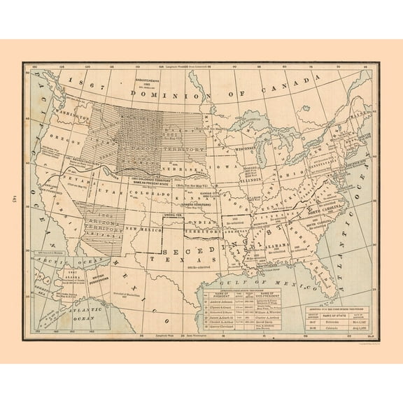 Historic State Map - United States 19th Century - Cram 1888 - 28.53 x 23 - Vintage Wall Art