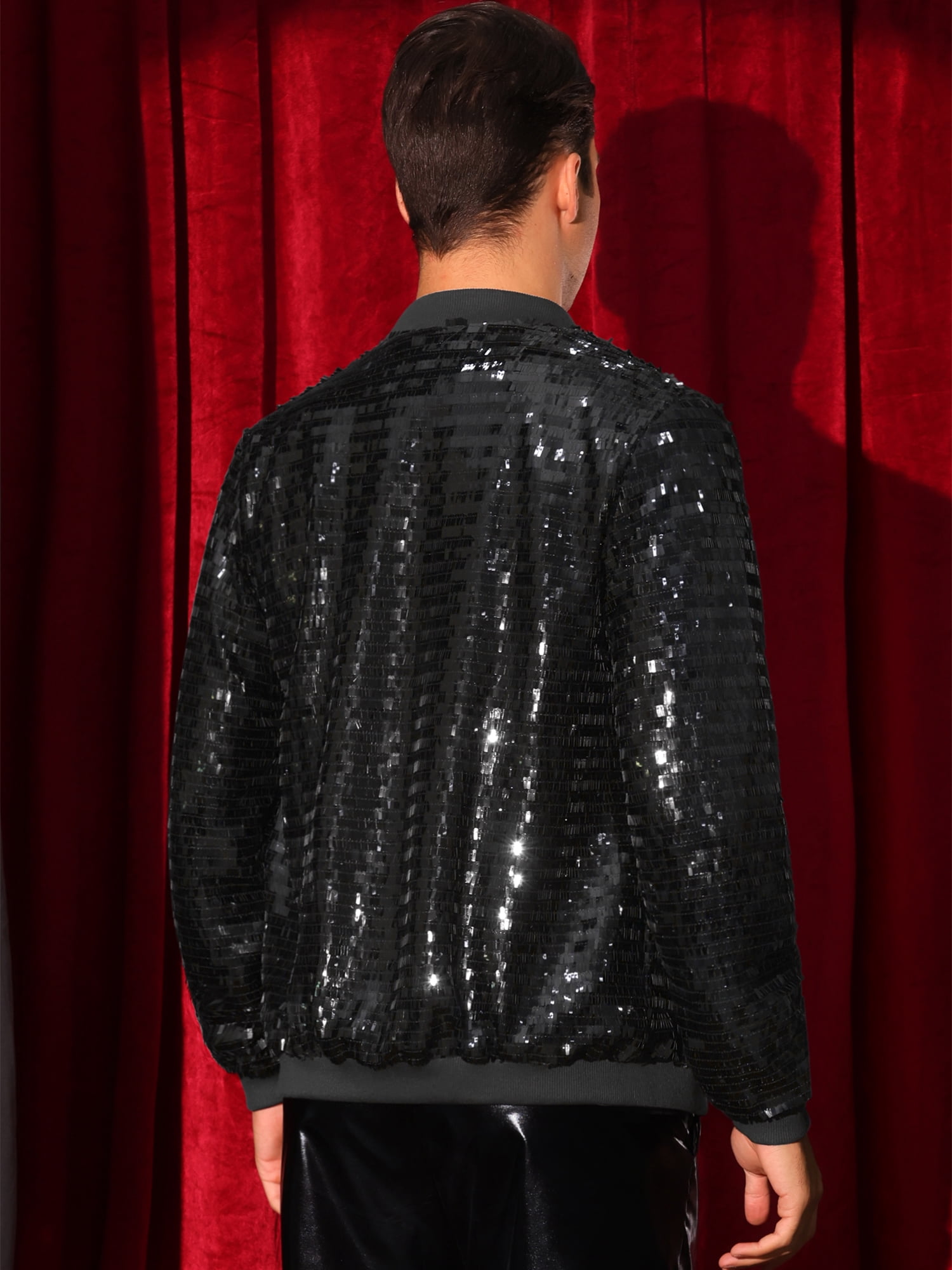 DARING DIVA Men's Sequin Varsity Zipper Disco Sparkly Shiny Bomber Jacket S Black