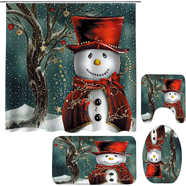 Juego de cortinas de ducha navideñas, 4 piezas con alfombrillas antideslizantes, tapa de inodoro y alfombrilla de baño, cortinas de ducha de Papá Noel, impermeables, decoración de baño, regalos