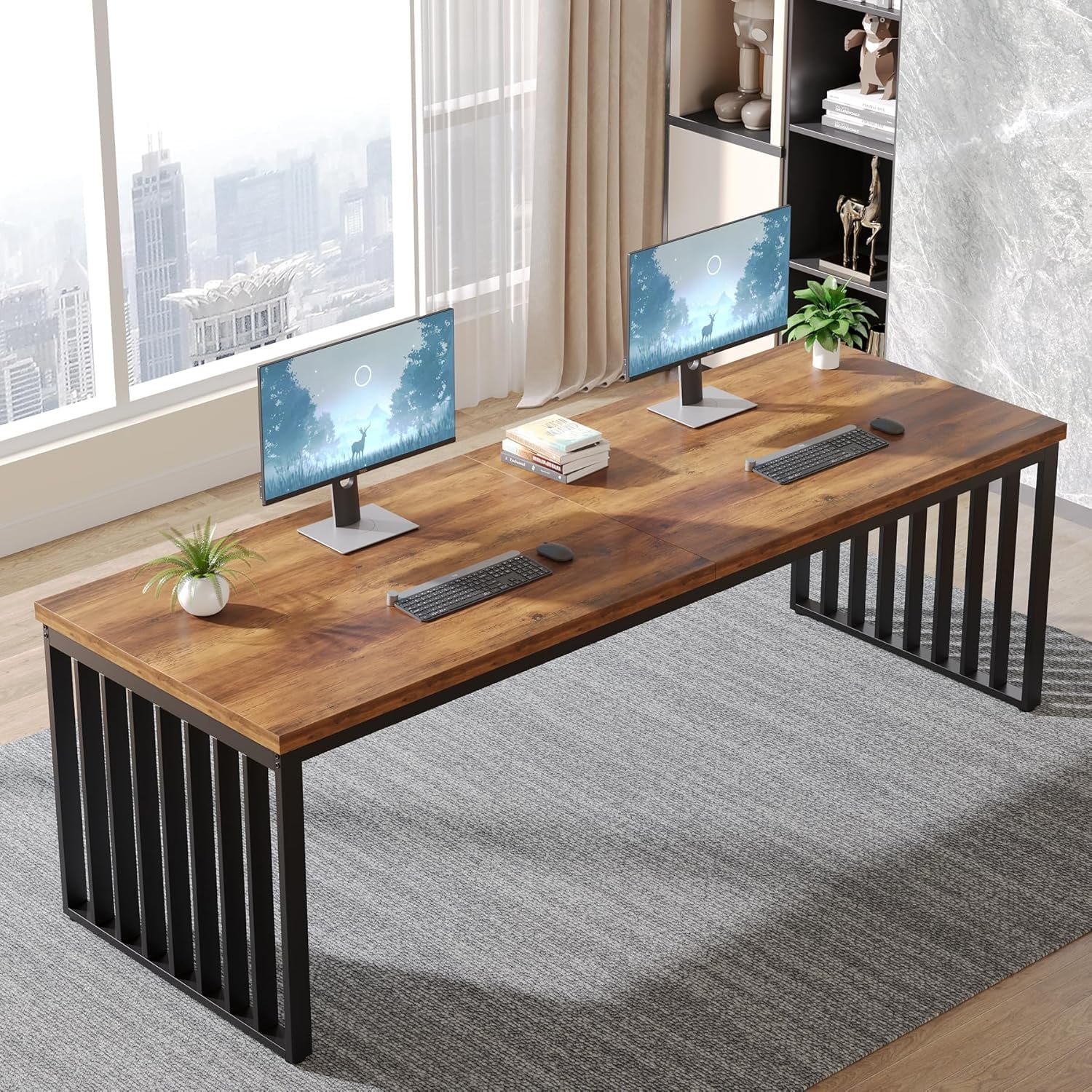 Tribesigns 78.74" Extra Long Computer Desk 2 Person Desk, Double Long Desk with Heavy Duty Metal Frame for Home Office, Brown & Black