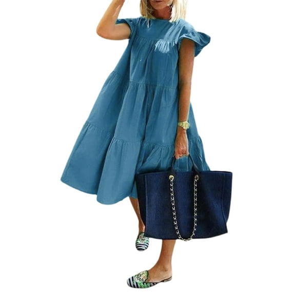 Franhais Women's Crew Neck Casual Short Sleeve Ruffle-Trim Summer Mini Dresses