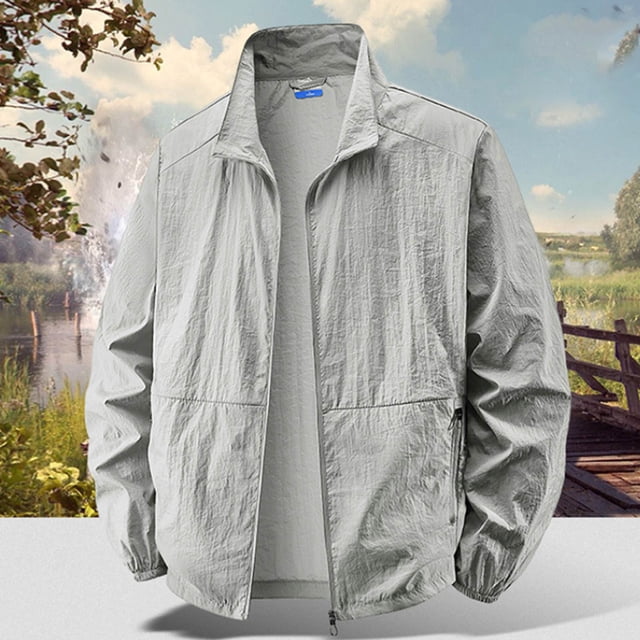Viluyesy Men's Sun Protection Jacket Lightweight Quick Dry Long Sleeve Sunscreen Elastic Multiple Pockets Fashion Jacket Gray XL