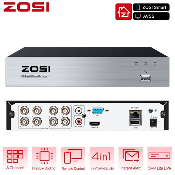 ZOSI H.265  8CH 1080P High Definition Hybrid 4-in-1 HD TVI DVR Video Recorder CCTV Network Motion Detection For Surveillance Security Camera System，NO Hard drive