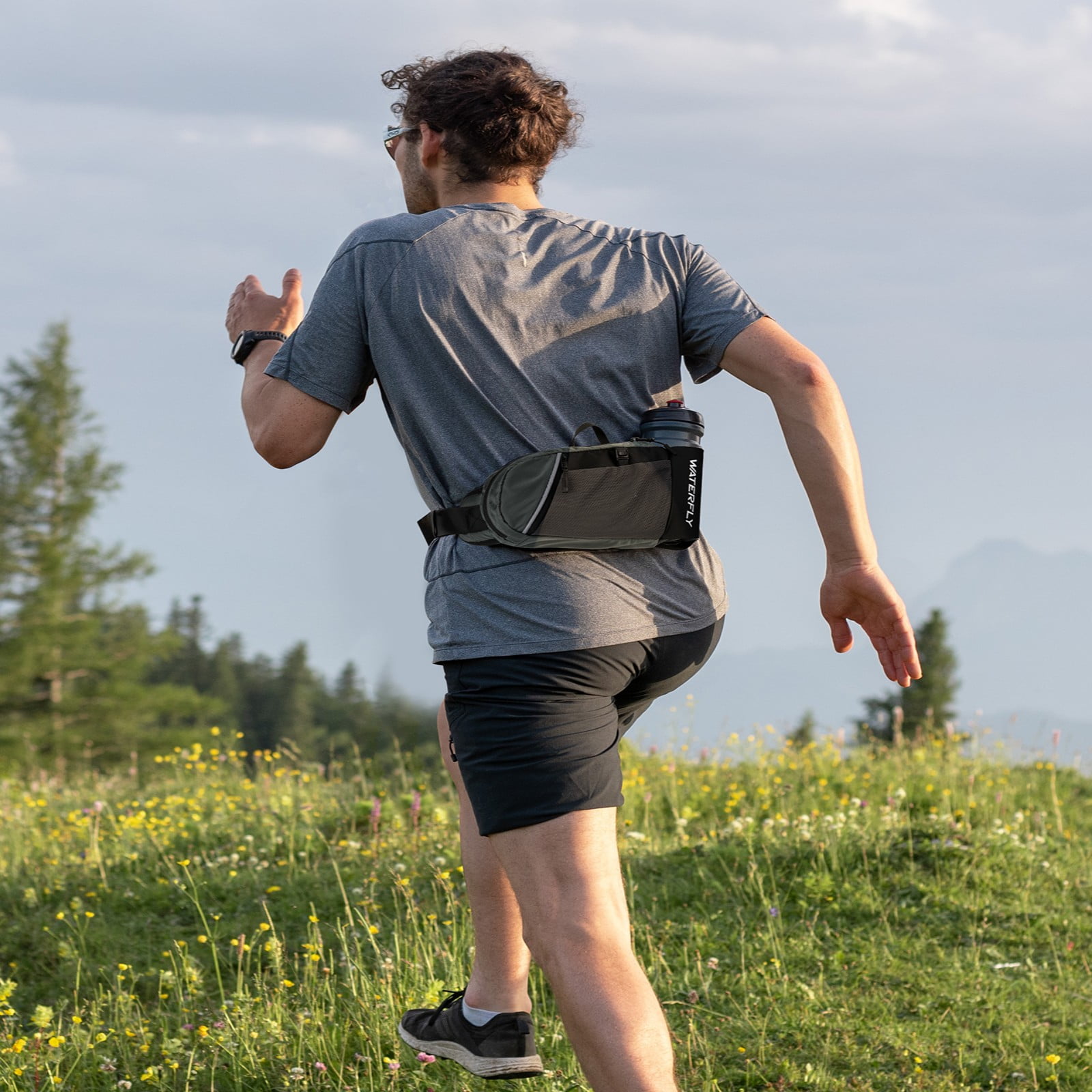 WATERFLY Unisex with Bottle Holder Walking Hiking Nylon Fanny Pack Waist Bag,Black Gray
