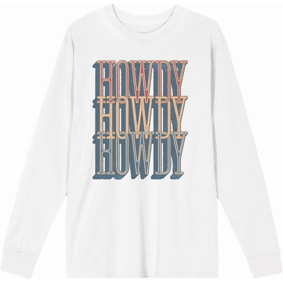 Western Howdy Repeat Text Crew Neck Long Sleeve Adult Tee
-Medium-White