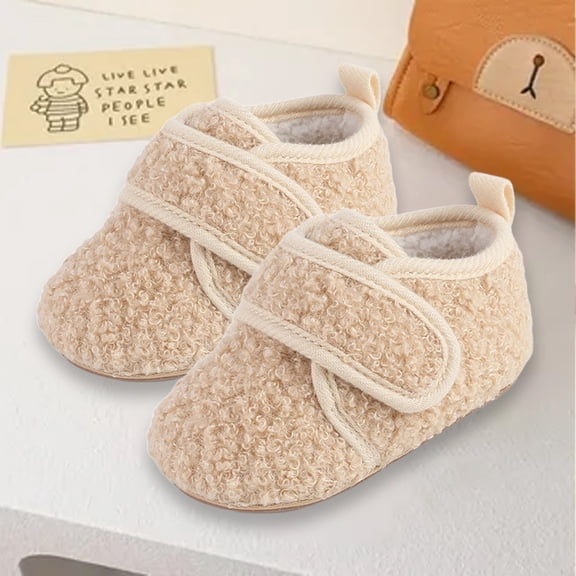 XIMIN Newborn Baby Fleece Fluffy Shoes First Walking Crib Shoes Non-Slip Lace Up Flat Shoes Adjustable Buckle Strap Fall Winter Warm Non-Slip Sneakers