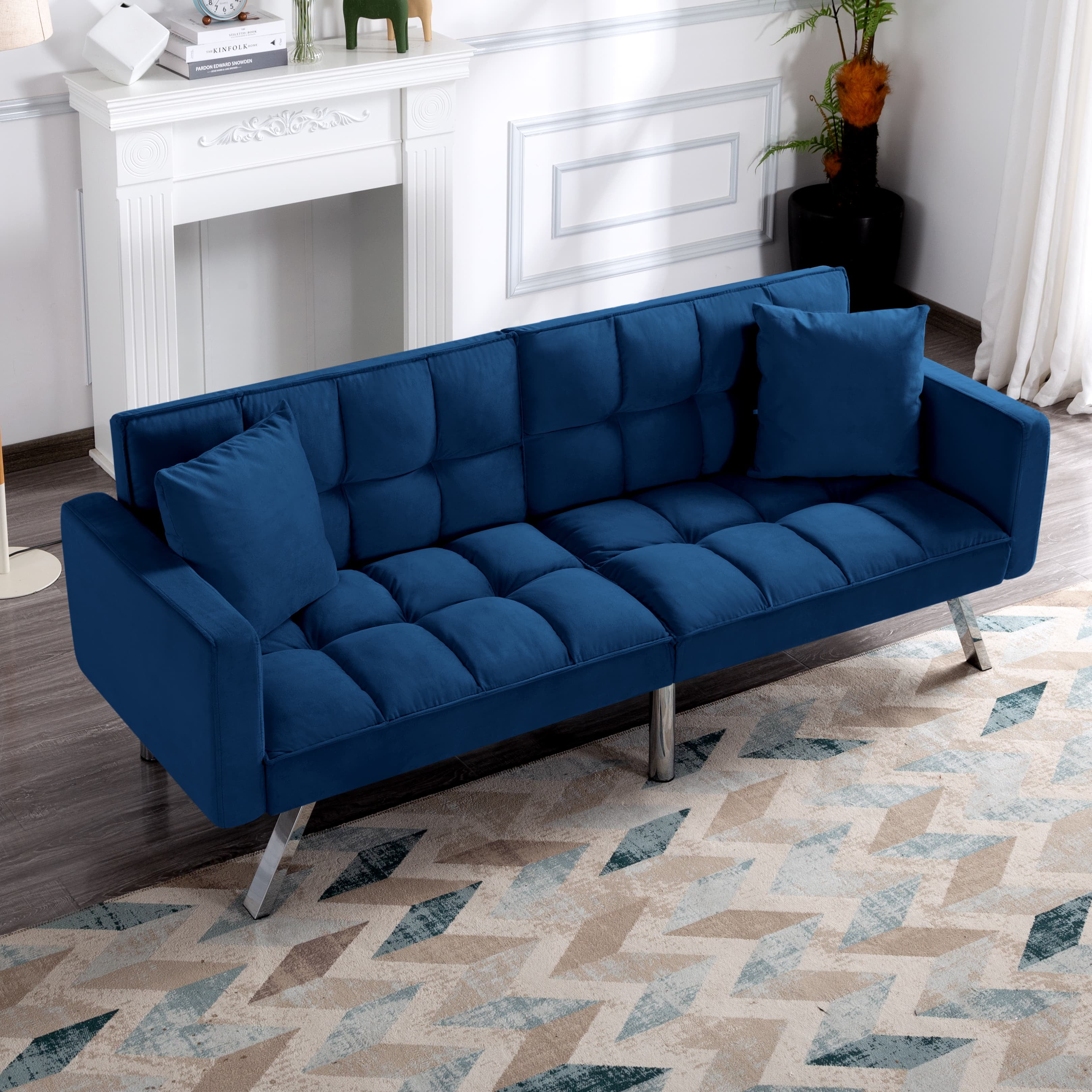 BSHTI Modern Velvet Futon Sofa Bed,Upholstered Tufted Convertible Sofa Sleeper with 2 Pillow(Blue)