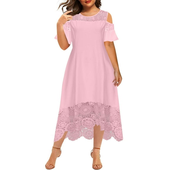 DeHolifer Dresses for Women Plus Size Crewneck Cold Shoulder Short Sleeve Solid Color Lace Patchwork Casual Sundress Pink 5XL