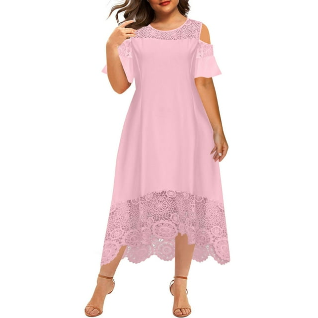 FAVIPT Robe d'Été pour Femmes Maxi Patchwork à Volants Robes Élégantes Manches Courtes Col Rond Robe Grande Taille Coupe Ample Dentelle Robes 2025 Rose,TTTTG