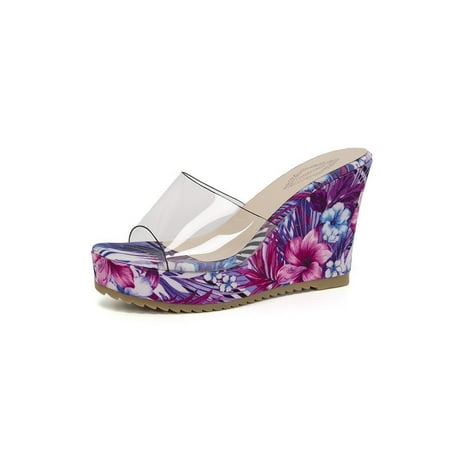 

LUXUR Women s Indoor&Outdoor Cozy High Heel Slides Comfortable Floral Platform Sandal Clear Vamp Slippers