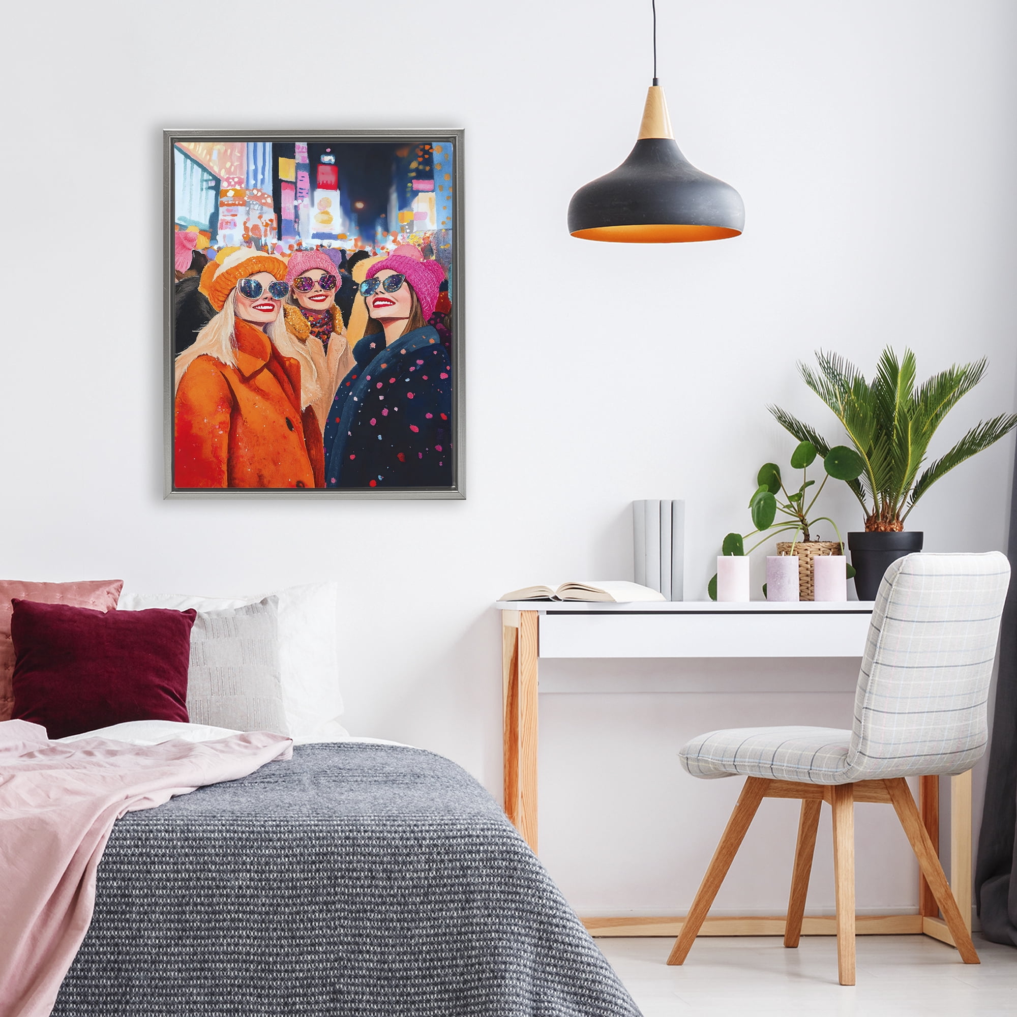 Stupell Industries New Year's Girls in City Gray Framed Floater Canvas Wall Art, design by LSR Design Studio