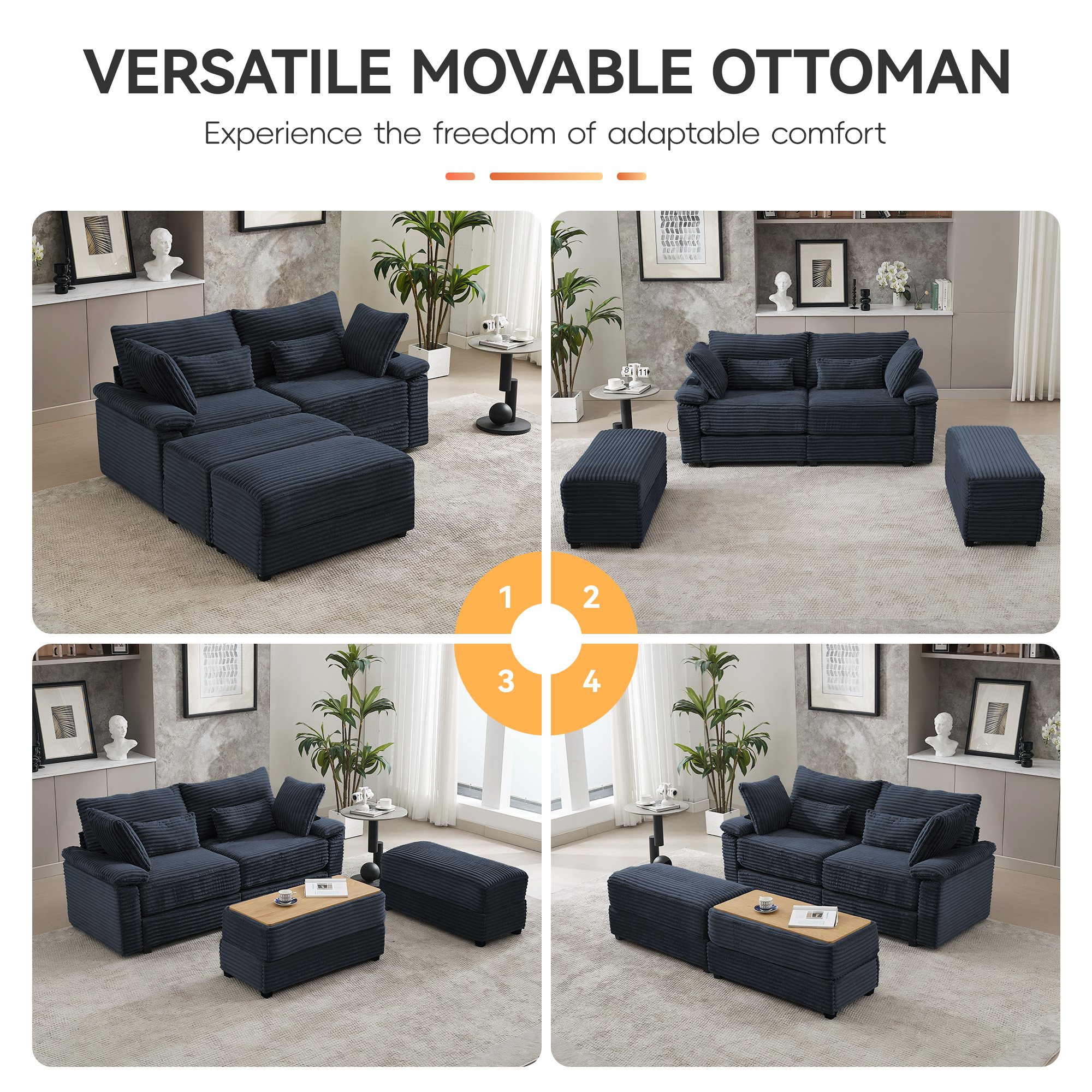 Corduroy Upholstered Sofa for Living Room,Modern Deep Seat Comfy Loveseat Couch with 2 Ottomans,Blue