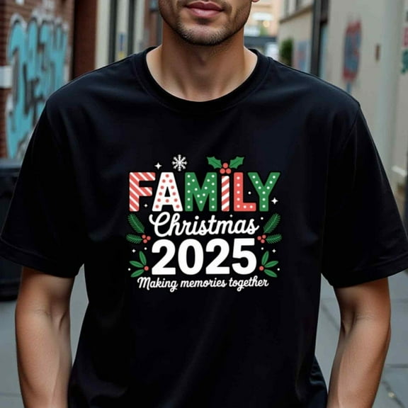 Men'S Black T-Shirt with Family Christmas 2025 Design - Cotton, Crew Neck, Short Sleeve, Regular Fit, All-Season Casual Wear, Ideal for Holidays & Special Occasions, Holiday Apparel | Festive Grap
