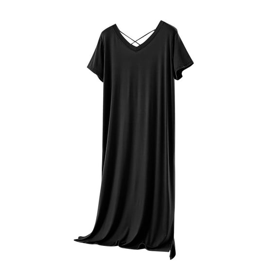 Wensltd Women's Spring Summer Sleepshirt V Neck Solid Color Short Sleeve Loose Comfortable Midi Length Soft Breathable Nightwear Black