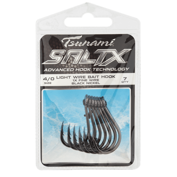 Tsunami SaltX Light Wire Bait Hooks – Black Nickel, Size 2/0, 8-Pack