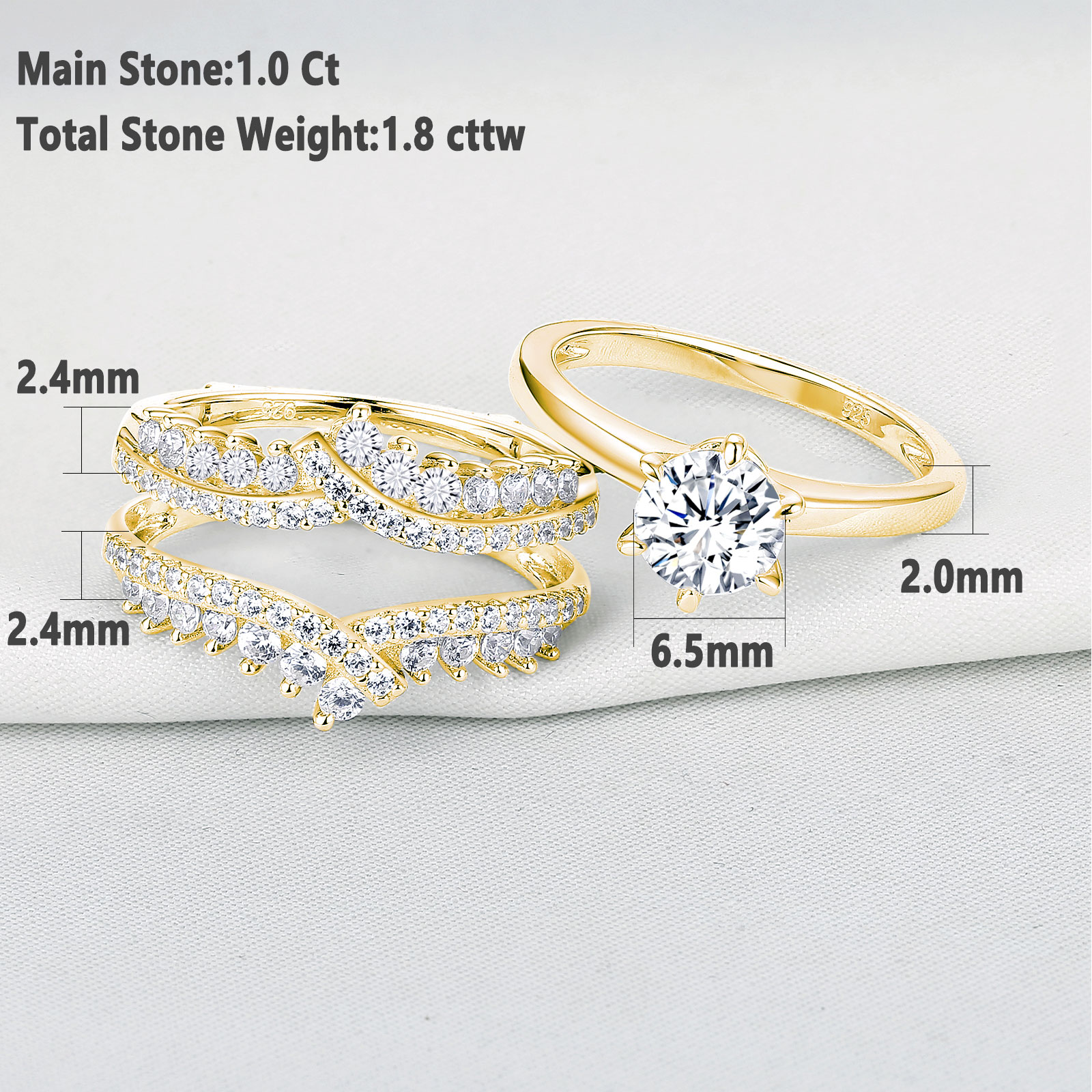 Newshe Wedding Rings for Women Engagement Ring Enhancer Band Bridal Set Sterling Silver 1.8Ct Cz Yellow Gold Size 9.5 - image 3 of 7