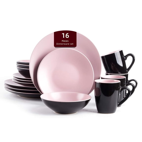 Stoneware Two-Tone Colors Life 16pc Dinner Set，Outside Shiny Black   Inside Matte Glaze Rose