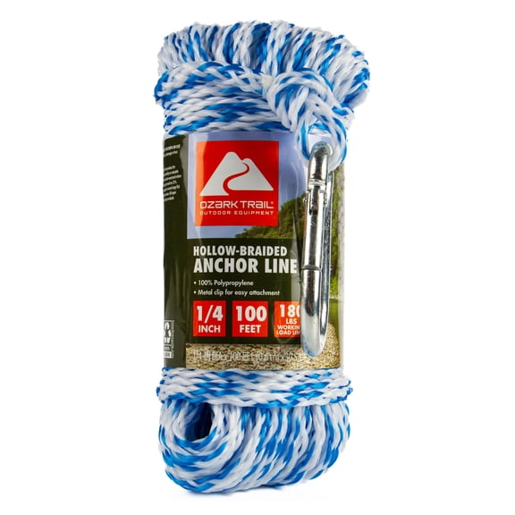 Ozark Trail 1/4 in x 100 ft Hollow-Braided Polypropylene Anchor Line, Blue/White