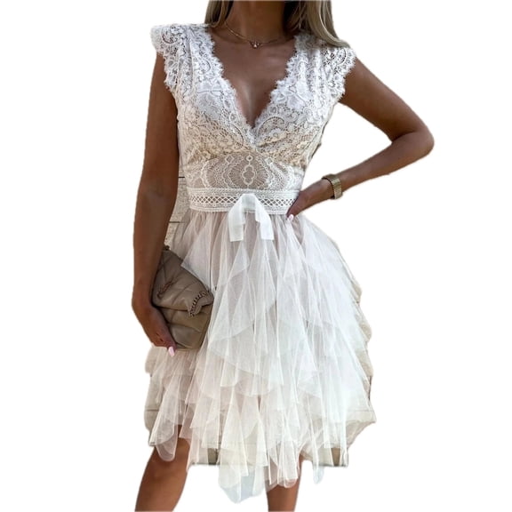 Women's Lace V-Neck Ruffle Dress with Tiered Belted Detail featuring 100% Polyester Fabric for Elegant Party Wear