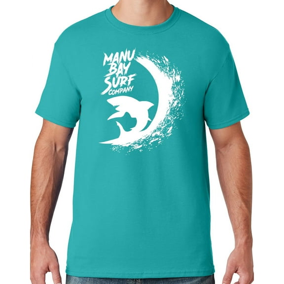 Mens Manu Bay Surf Company WHITE SURFING SHARK T-shirt, 4XL Jade